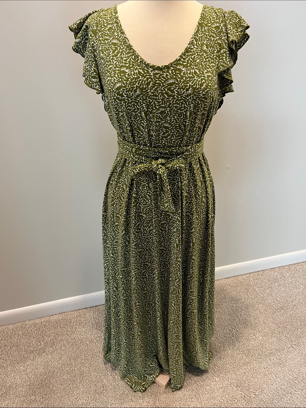 Ann Taylor Olive Green Floral Maxi Dress with Ruffled Sleeves